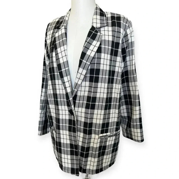 Vintage 90s Bobbie Brooks Light Black Cream Tartan Plaid Oversized Blazer 12/14 - Picture 2 of 11